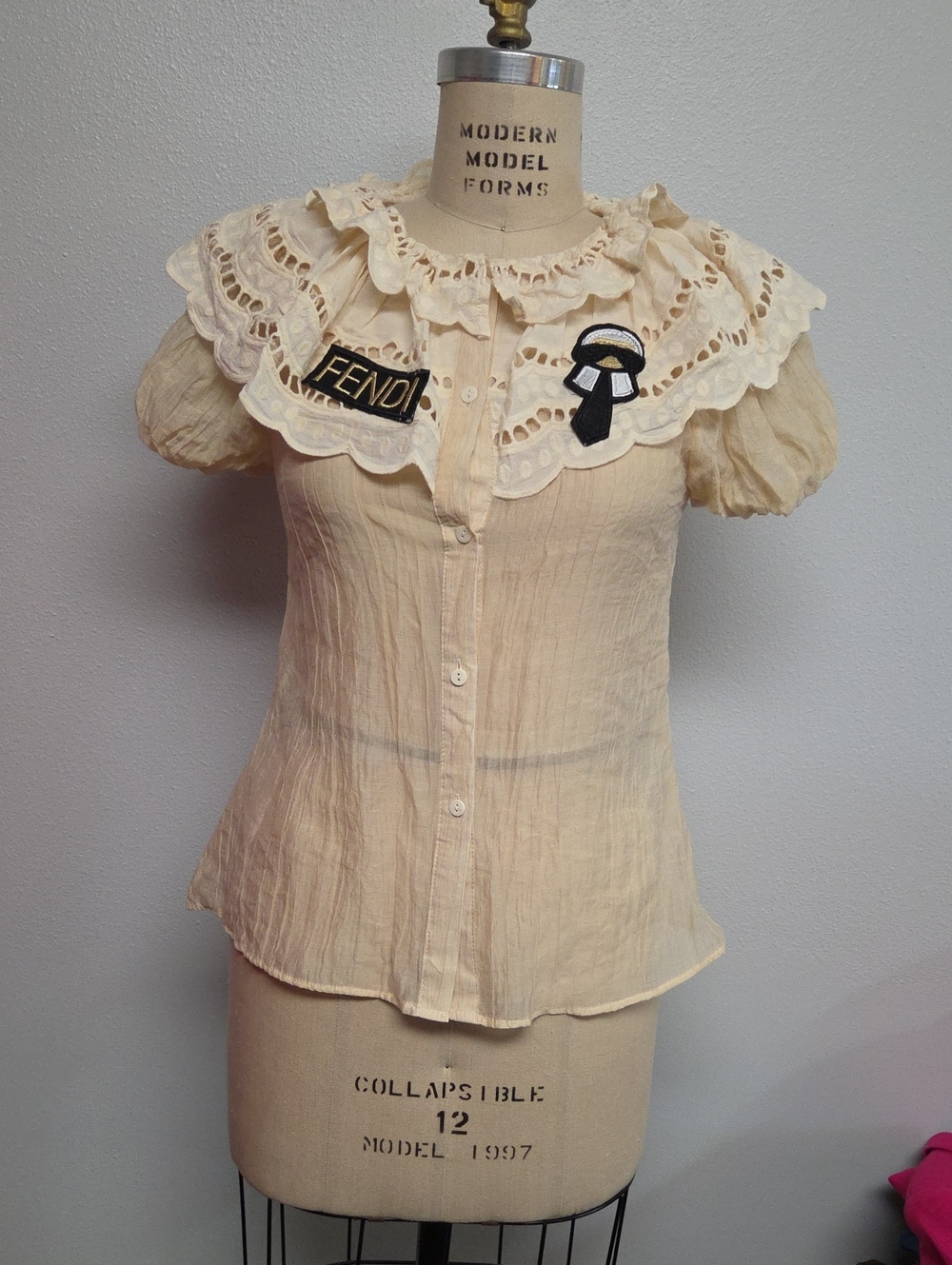 Fendi Sheer Cream Eyelet-Ruffle Patch Button-Up Blouse